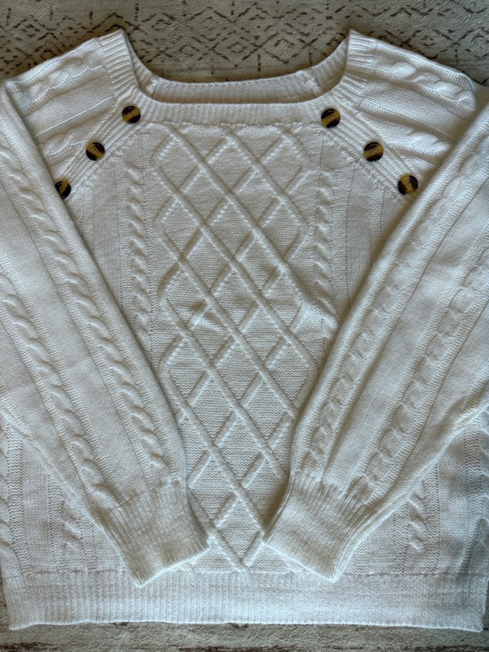 White Cable-Knit Button Shoulder Sweater - Women